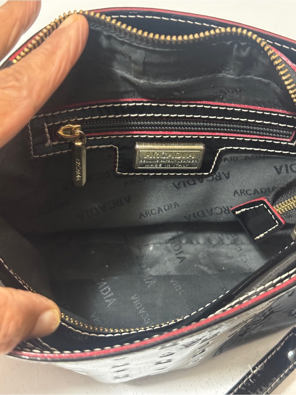 Arcadia Black Patent Crossbody with Red. embossed design - Picture 11 of 15